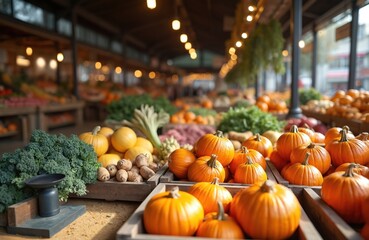Fresh vegetables on market stall in historic marketplace. Various autumn harvest pumpkins, potatoes, salad. Local farmers selling organic products. Healthy food market concept.
