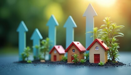Illustrative concept of residential properties market. Real estate investment growth with profit potential in thriving property market. Blue up arrows showcase increase in house building and sales.