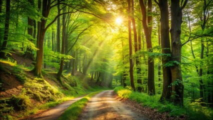 Fototapeta premium Lush Green Forest Trail: Sunlight Dappled Path with Ample Copy Space for Text - Perfect for Nature, Travel, and Adventure Stock Photos