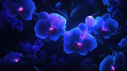 Glowing Blue Orchids In Dark Night Setting