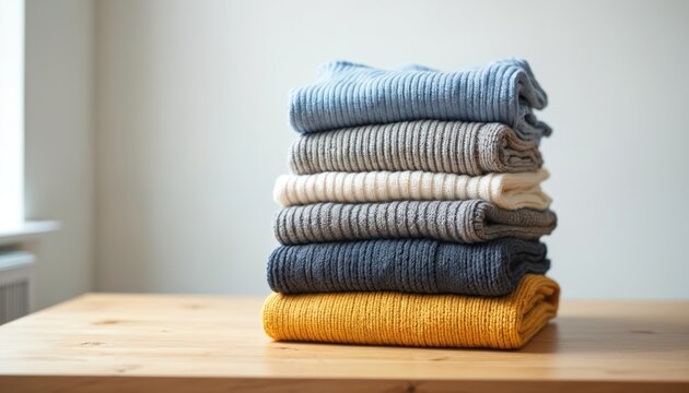 Clean folded knitted clothes pile on wooden table. Warm sweaters, pullovers neatly arranged, stacked. Cozy home atmosphere. Laundry service presentation. Winter wardrobe. Autumn comfort. Textile sale
