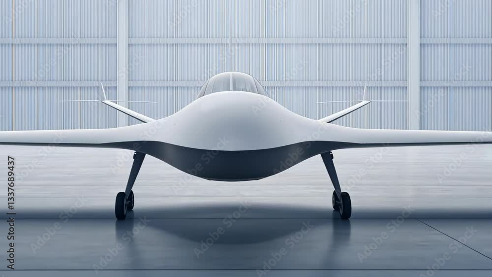 Poster modern war drone prototype in a futuristic factory setting showcasing advanced technology and aerody