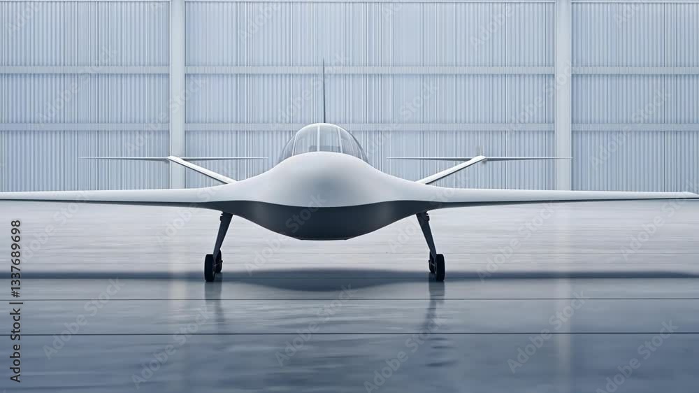 Poster modern war drone prototype in a futuristic factory setting showcasing advanced technology and aerody