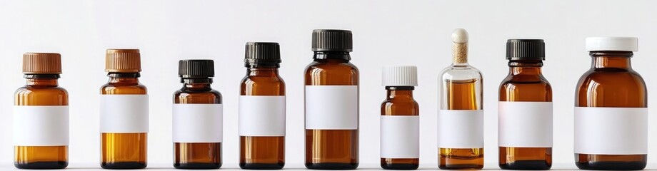 A fiery array of various brown glass bottles with blank white labels for medical or beauty products, isolated on a white background