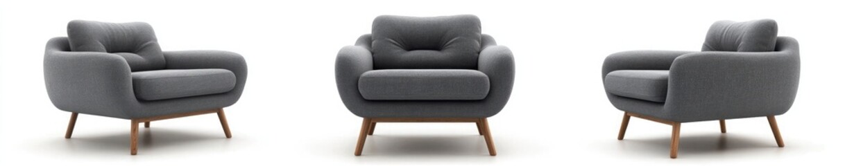 A gray fabric armchair with wooden legs, multiple poses and expressions from different angles