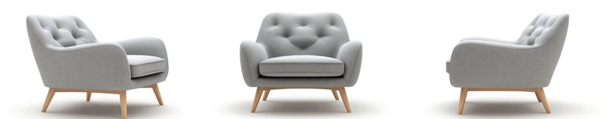 A gray fabric armchair with wooden legs, multiple poses and expressions from different angles