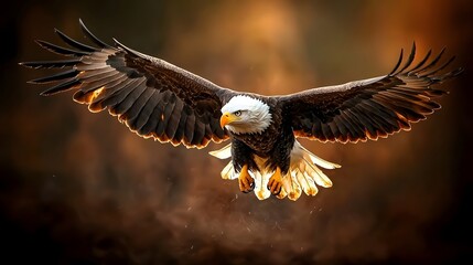 Obraz premium Majestic Bald Eagle Soaring Gracefully Over a Vast Pine Forest Its Sharp Eyes Scanning the Scenic Landscape Below for Potential Prey