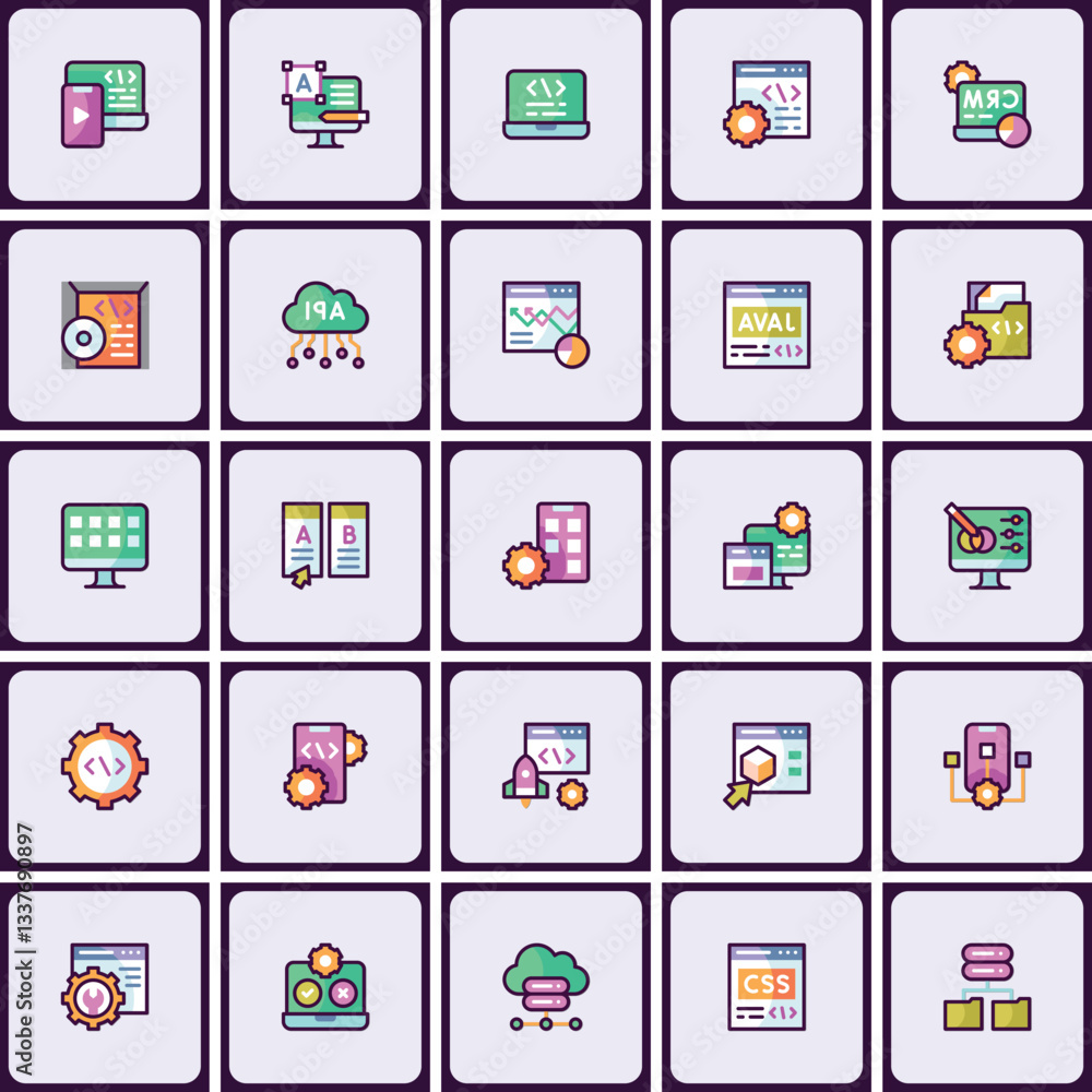 Poster vibrant software development and programming themed icon set collection