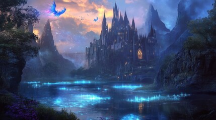 Fototapeta premium Mystical castle by a glowing lake. Dark, majestic, fantasy architecture, tranquil scene