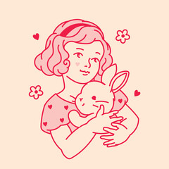 Pink tone illustration of a girl hugging a cute bunny, symbolizing love, kindness, and springtime joy. Perfect for children's prints, Easter designs, girly nursery decorations