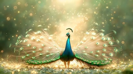 Obraz premium Stunning photograph of a peacock spreading its iridescent vibrant tail feathers in a lush green meadow the shimmering colors catching the sunlight in a captivating display of natural beauty