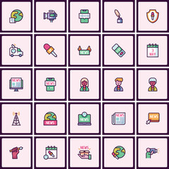 Informative journalism icon set presenting broadcasting and reporting theme