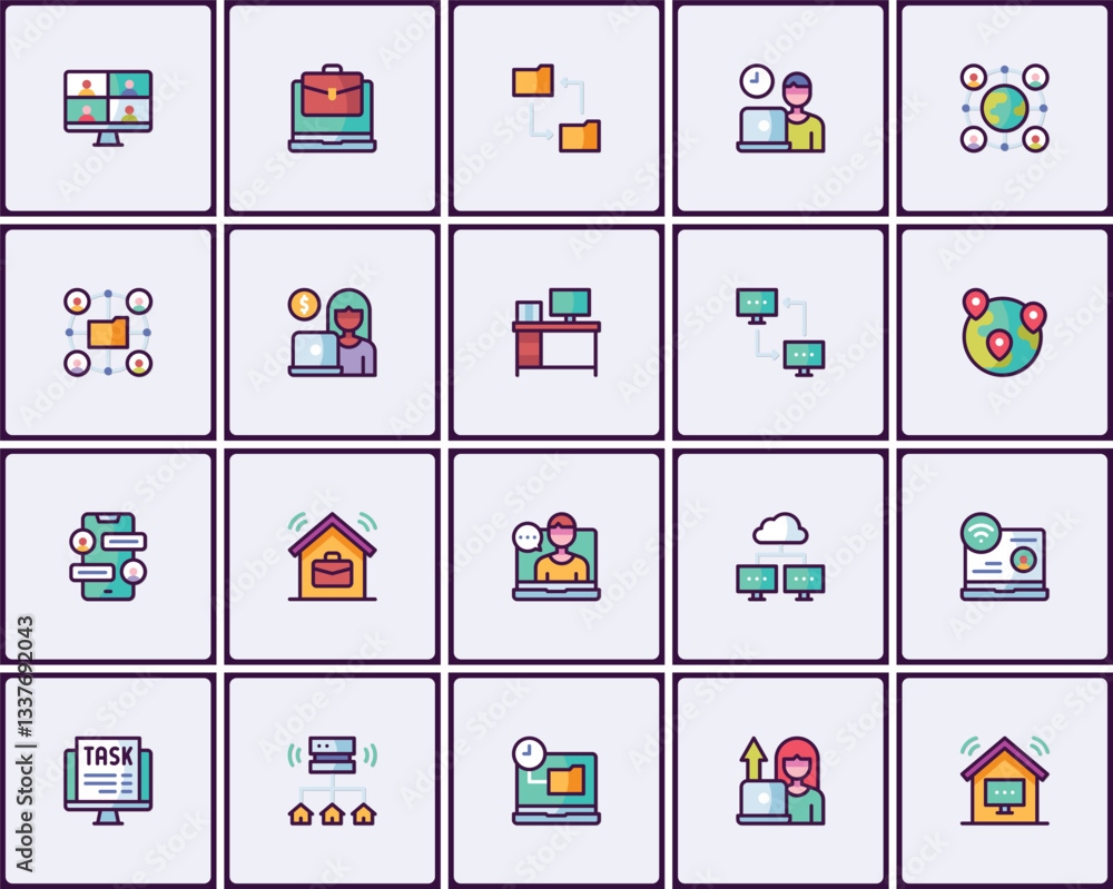 Poster vibrant vector icon set portraying remote work and distributed team concepts