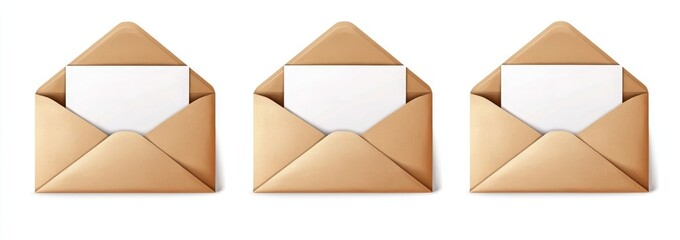 Three open brown envelopes with white paper inside white background