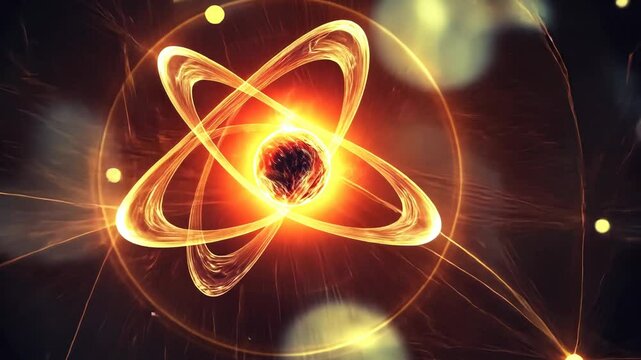 Glowing atom energy core, dark space background
