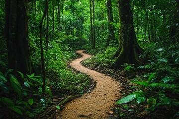 A winding forest trail weaves among lush green trees