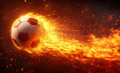 a soccer ball flies into the goal, with a fire effect in the background,