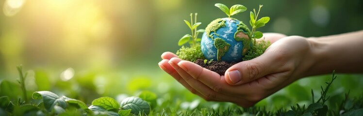 Close-up of person holding Earth globe with green moss grass and sprouts, save environment concept. Eco power idea for sustainable energy, friendly low carbon footprint production.