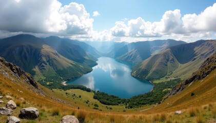 Fototapeta premium Buttermere & Crummock Water panorama from Fleetwith Pike, beauty, mountain lake