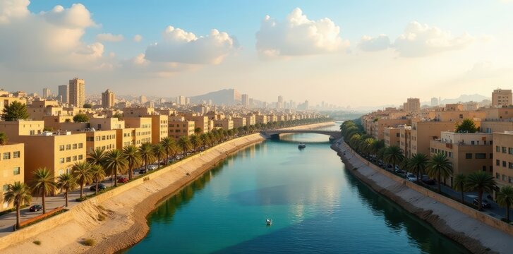 Cairo's bustling city center, diverse architecture, Nile River view, high rise, Africa
