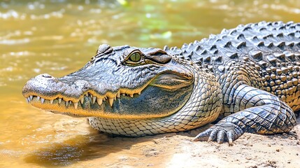 Obraz premium Crocodile on riverbank, basking in sun, showing scales, sharp teeth, and blurred water background