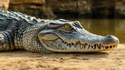 Obraz premium Crocodile resting on sandy bank, water background, in natural habitat, wildlife observation