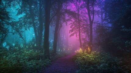 Obraz premium Enchanting Purple and Teal Forest Path at Night