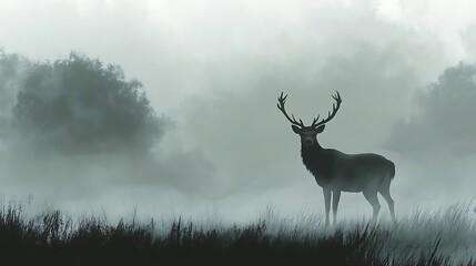 Stag standing in a foggy field, dramatic sky in background, nature, environment