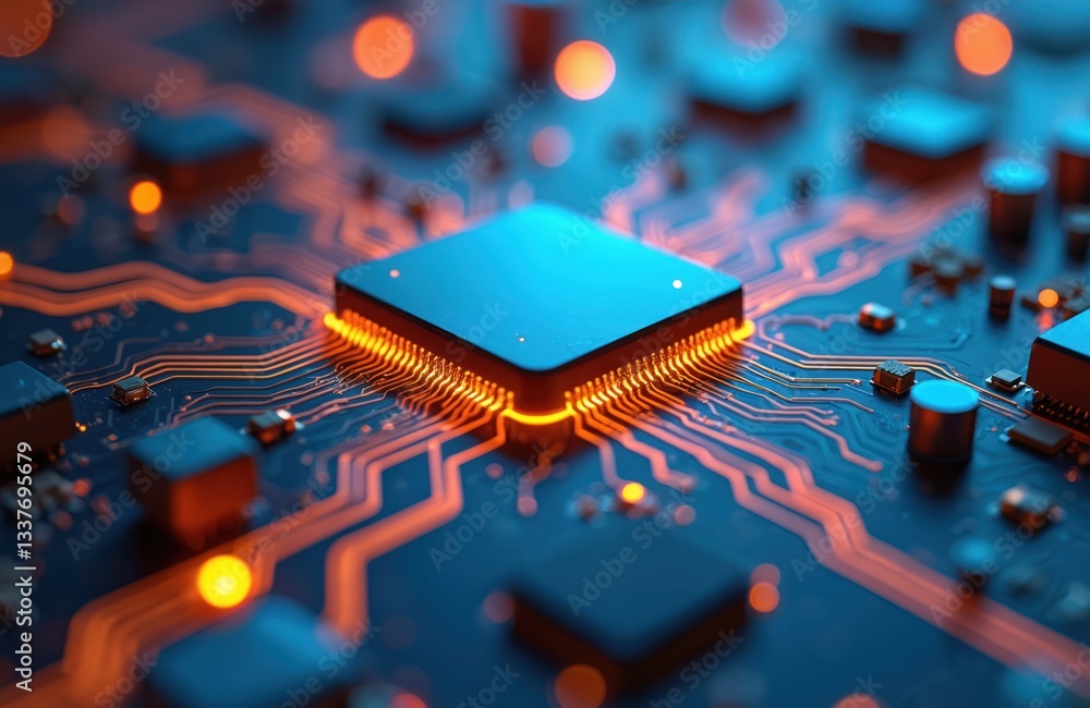 Poster close-up on microchip with orange, blue glowing circuitry on high-tech circuit board. symbolizes dat