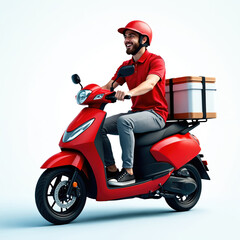 Young bearded courier in casual clothes with thermo box backpack rides red motor scooter. Fast transport express delivers home food online orders. Isolated on white background. Energetic man provides