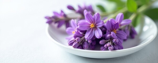 Obraz premium Delicate purple lavender blooms showcased on a clean white dish , summer, vintage, rustic