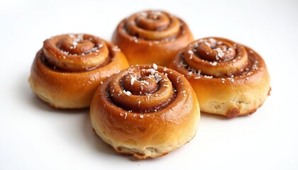 Fototapeta premium Isolated set of cinnamon rolls with sugar powder on transparent png background. Baked sweet brown pastry buns, tasty delicious snack. Ideal for breakfast, culinary concept, food blogging.