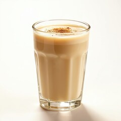 Brightly lit glass of creamy eggnog with cinnamon, nutmeg. Festive holiday beverage for winter party, sweet cocktail, rich homemade drink, traditional toast, joyful garnish, seasonal cheer, served in