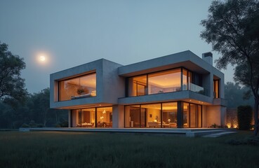 Modern luxurious villa exterior at nightfall. Contemporary architecture with large windows overlooking green yard. Elegant home with illuminated interior, plants, grass. Moon shines in sky. Residence