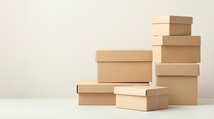Set of eco-friendly cardboard boxes, different sizes, neatly stacked, minimalistic kraft paper texture, clean light background, branding, sustainable packaging, carton, shipping, cargo, packaging