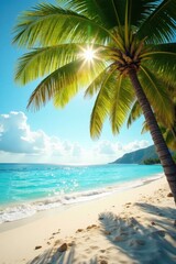 Fototapeta premium Golden sunlight filters through lush coconut palms on pristine beach, beach background, sea, summer day
