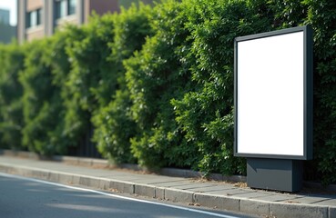 Fototapeta premium Street blank advertisement billboard with green plants backdrop. Modern public ad template, place for marketing design, commercial mockups. Empty poster, advertising banner, frame. Urban sidewalk