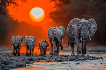 Fototapeta premium Elephants family at sunset, crossing river, African savanna, wildlife photo, nature scene