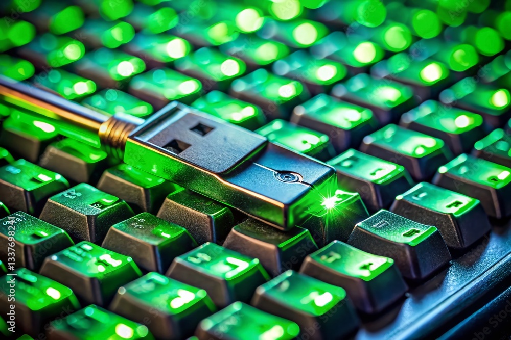 Poster macro close-up of hacker's keyboard - cybercrime, data theft, dark web, virus code, government serve