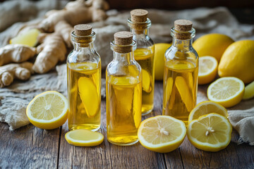 lemon juice in a glass jar on wooden table with lemon and ginger 