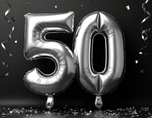 Silver balloons in shape of number 50 on black background with confetti. Fiftieth birthday, anniversary. Celebration, festive fun concept. Invite card, shiny party decoration elements.