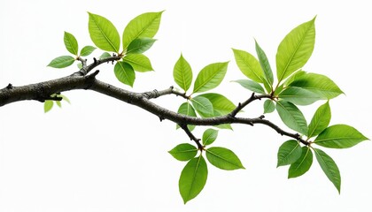 Fototapeta premium Tree branch with green leaves isolated on white. Foliage spring, nature awakening, plants adds natural touch to designs, conveys freshness, growth. Tree twig on white background for decoration.