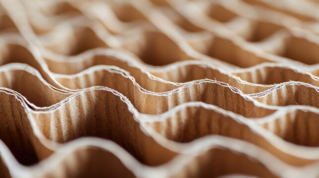 Close-up cross-section of corrugated cardboard, detailed texture, wavy fluted core, natural brown tones, high-definition macro shot, eco-friendly material, industry, packaging concept, sustainability