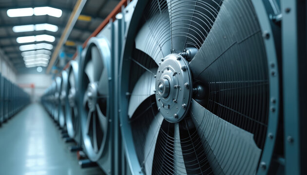 Large industrial air conditioner units with metal fan blades. Conditioning refrigeration system, power saving pump, compressor, energy efficient tech, ventilation, climate control inside ventilated