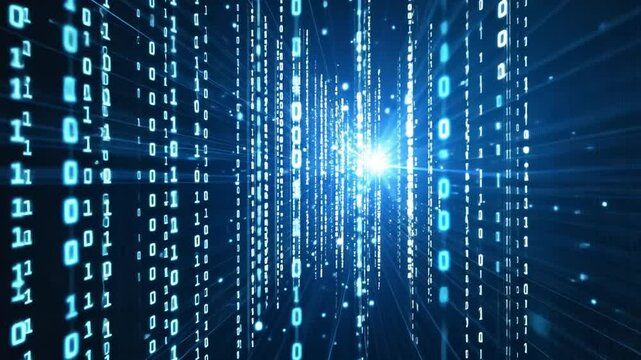 Abstract digital tunnel of binary code streams, glowing particles and light rays.