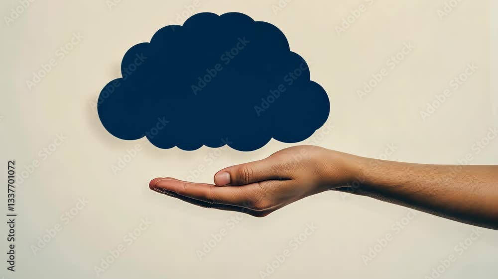 Poster weather control hand holding a dark cloud icon floating above the palm against a neutral background 