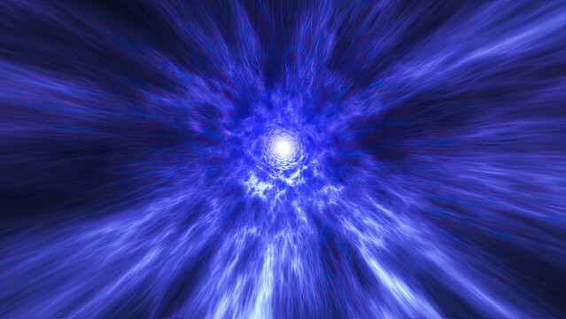 Fantastic of an astral tunnel or travel wormhole with neon lights and brights. Concept of space, energy , Abstract blue vortex time portal background.
