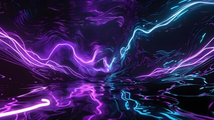 "A surreal and electrifying abstract background featuring intense, chaotic waves of neon purple, electric blue, and deep black. The waves twist and distort in a hypnotic, high-energy motion, resemblin