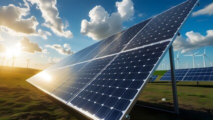 "A high-resolution image of a large solar panel array installed in an open landscape, absorbing sunlight under a bright blue sky with scattered white clouds. The panels are angled perfectly to capture