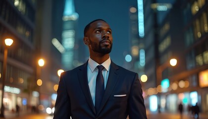 Fototapeta na wymiar Young african american businessman in suit looks into future, planning business. Successful entrepreneur stands at city center, skyscrapers background, night illumination. Concept of leadership,